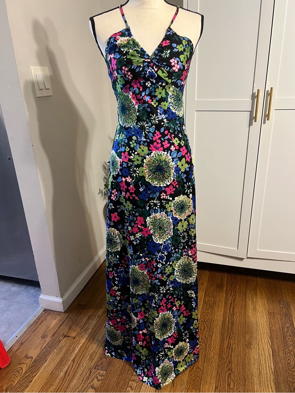Black Floral Maxi Slip Dress with Green and Pink Accents